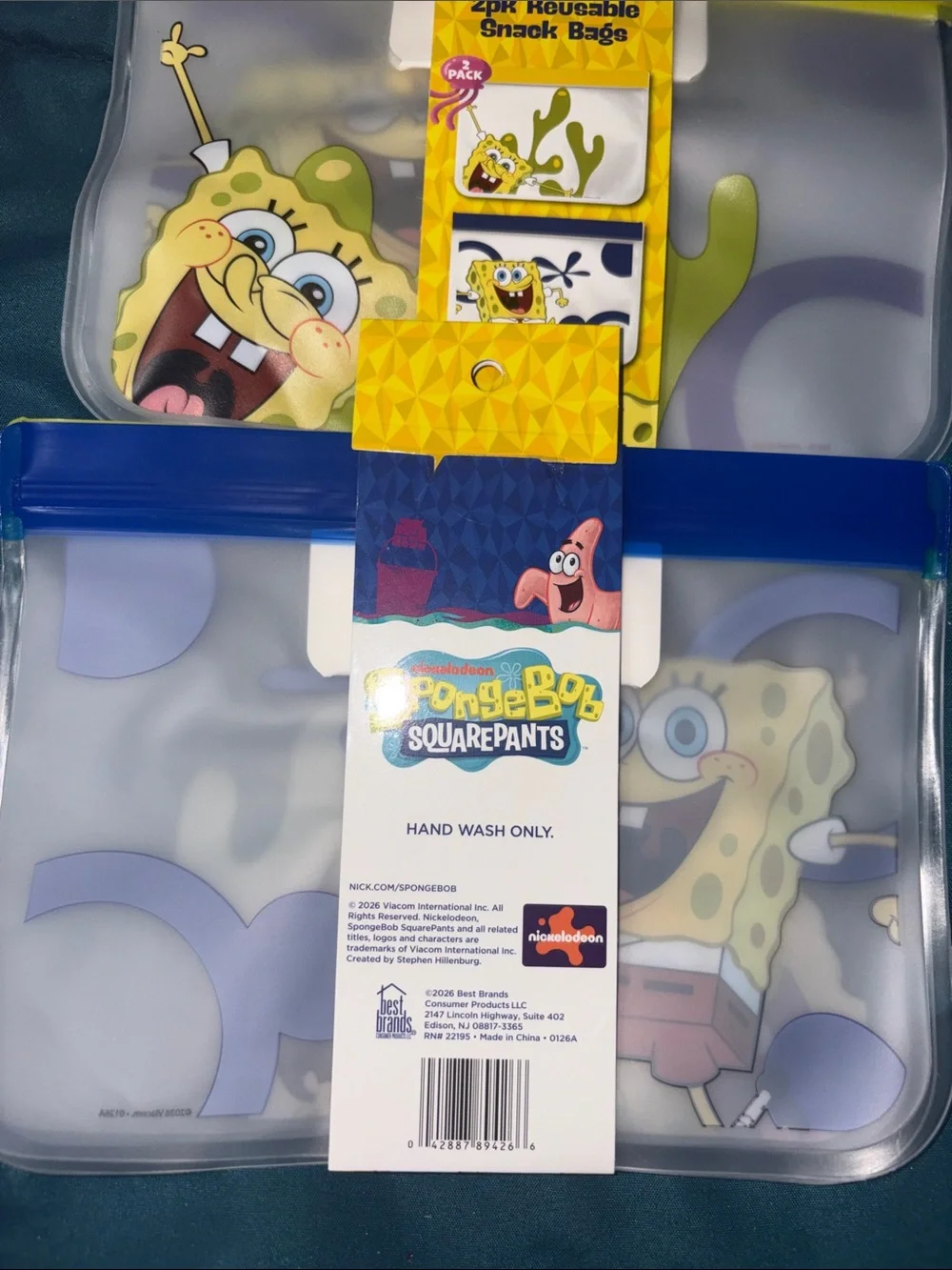 SpongeBob Squarepants Yellow & Blue Reusable Snack Bag 2-Pack x 2
